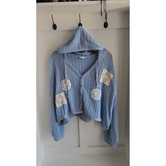 POL Lace Doily Patch Crochet Hooded Grannycore Cardigan RARE Sweater Blue Size S - Picture 4 of 11